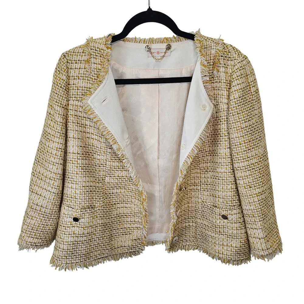 Tory Burch Emma Women Tweed Jacket  Beige Yellow Waist Length Gold Details Sz 12